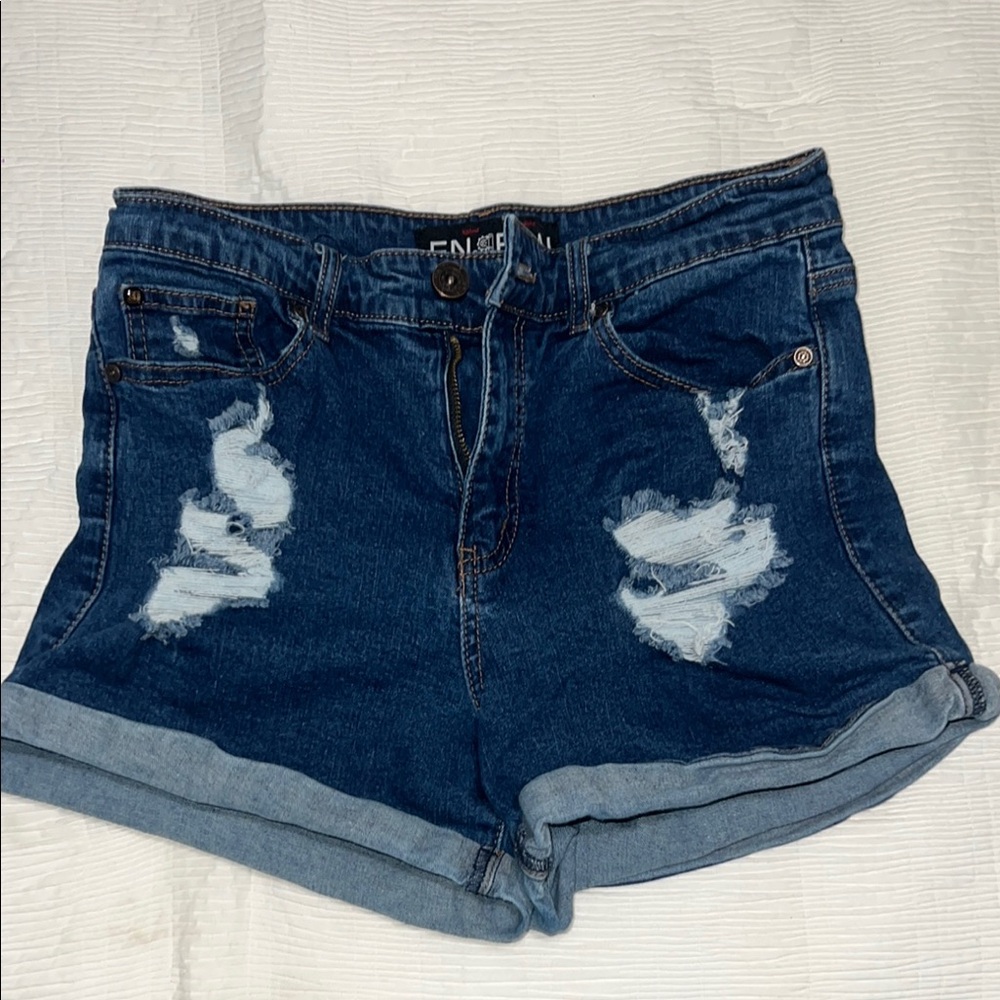 Blue High-Waisted Jean Shorts with Distressed Details